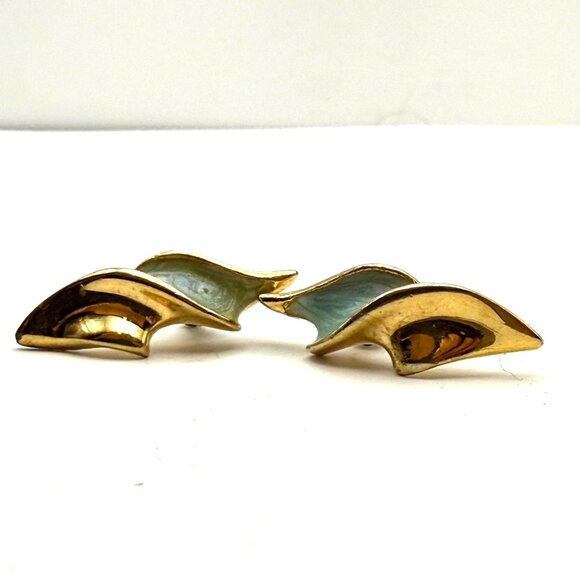Vintage Gold Tone Abstract Wave Stud Earrings Faux Stone Modernist Estate Jewelr - Picture 1 of 7